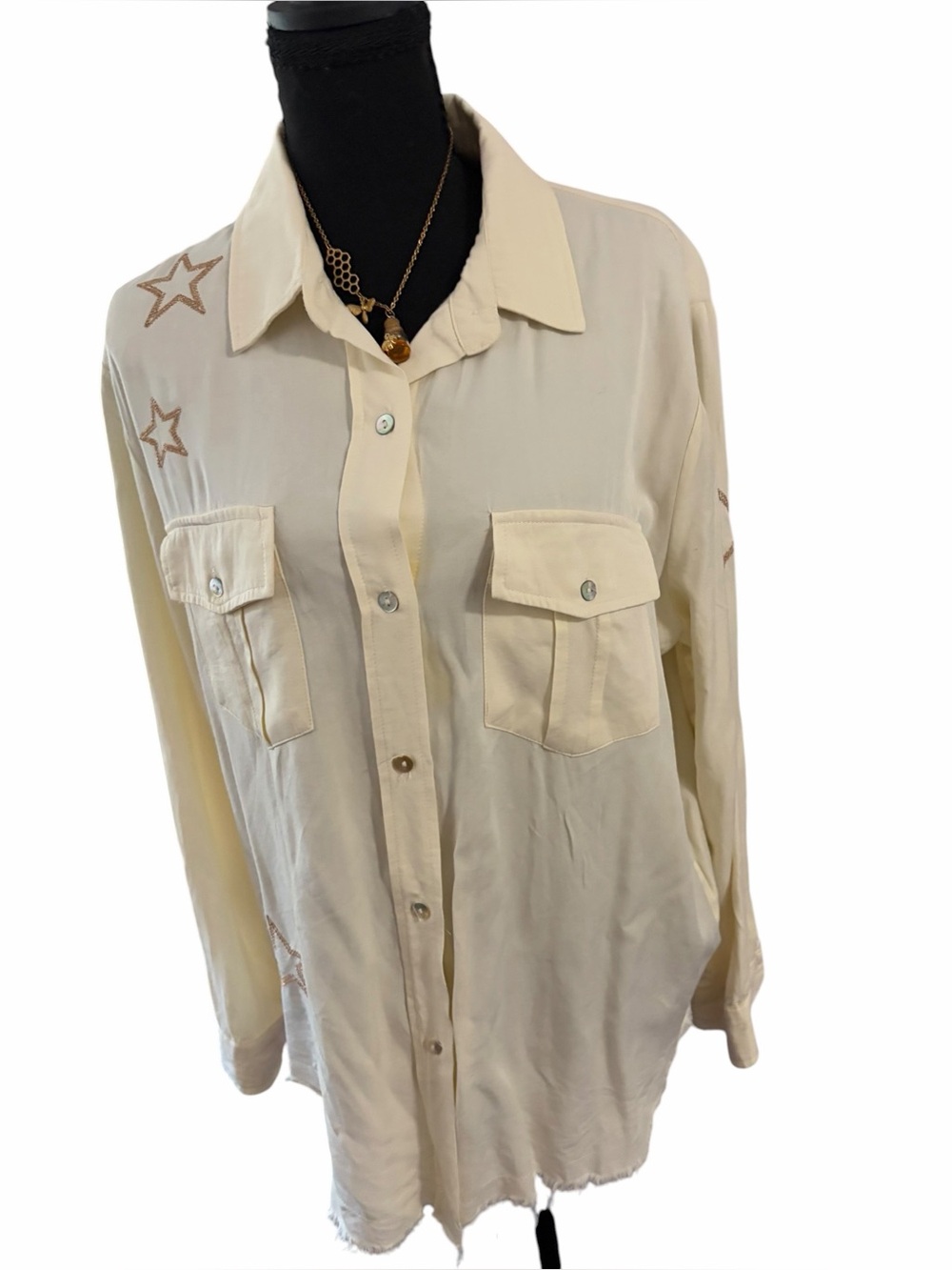 Cream Star Embroidered Button Down Utility Shirt Coastal Cowgirl